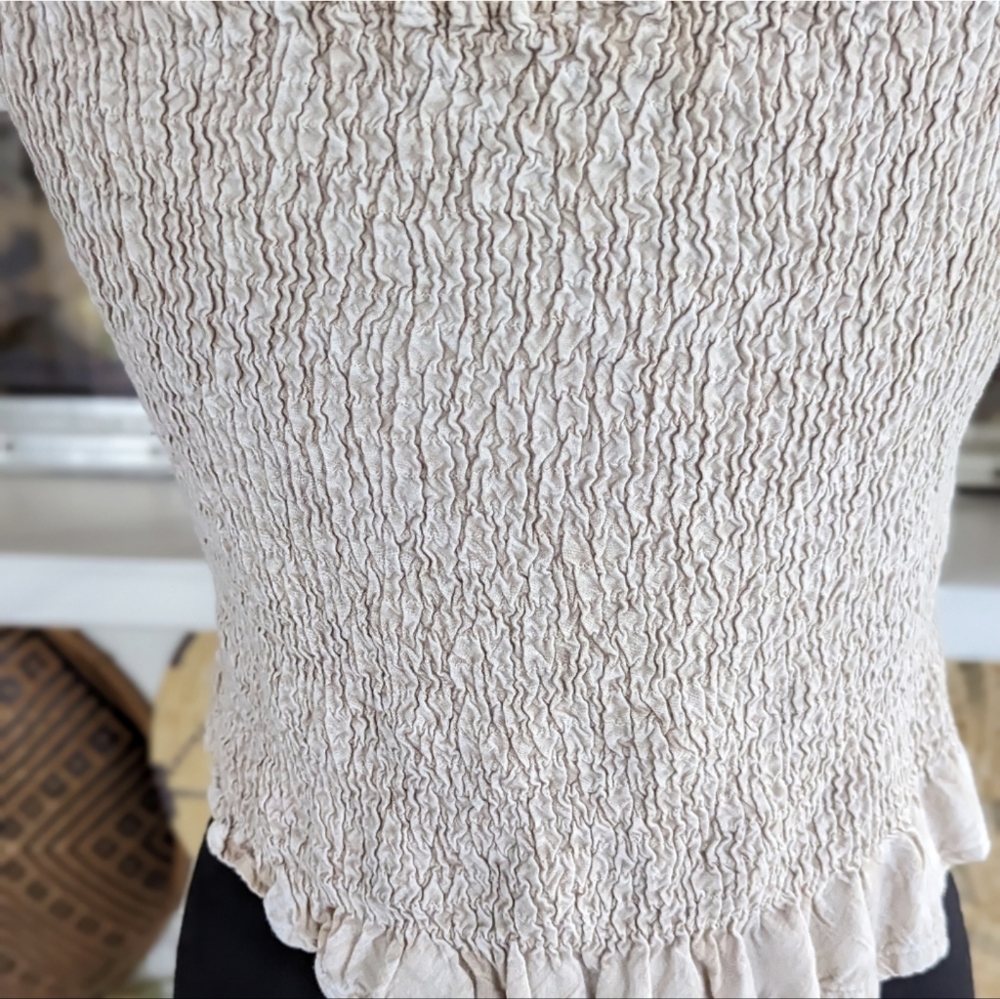 Vintage Hippie Crop Top Smocked Neutral Free Size Tee Beach Coastal Cowgirl - Picture 7 of 14